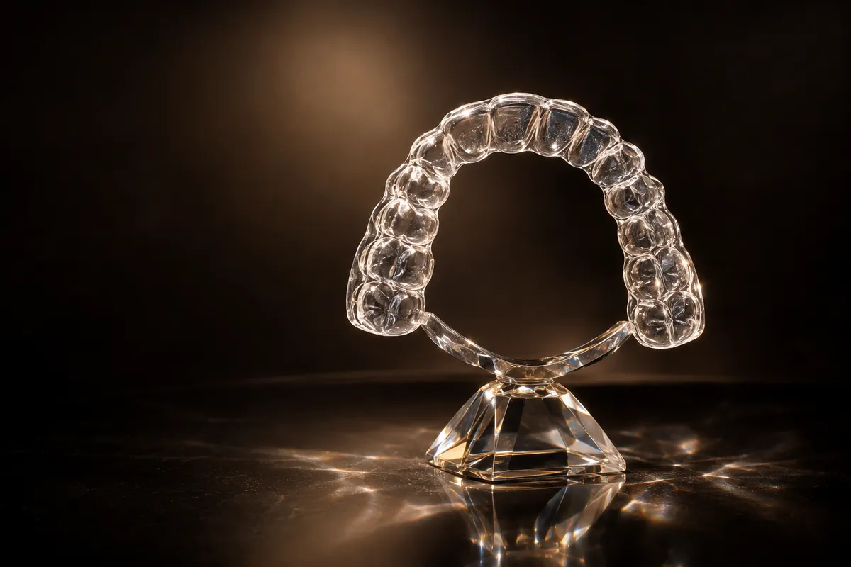 Generated still life of a clear aligner on a crystal stand