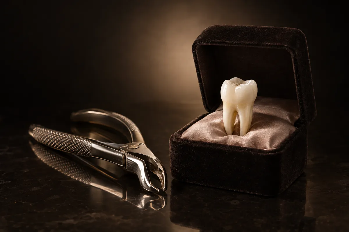 Generated still life of a tooth in a velvet box beside dental forceps